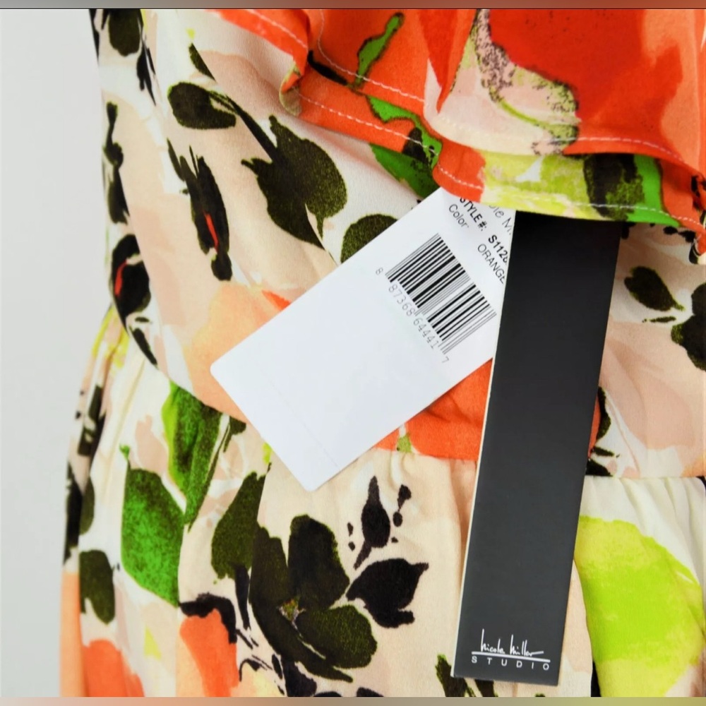 Nicole Miller Women s Floral Midi w/ Lace Trim Orange and Green Midi Dress - Picture 5 of 5